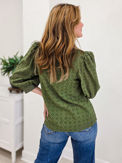 Solid Puff Sleeve Top With V-Neck And Eyelet Detail