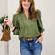 Solid Puff Sleeve Top With V-Neck And Eyelet Detail