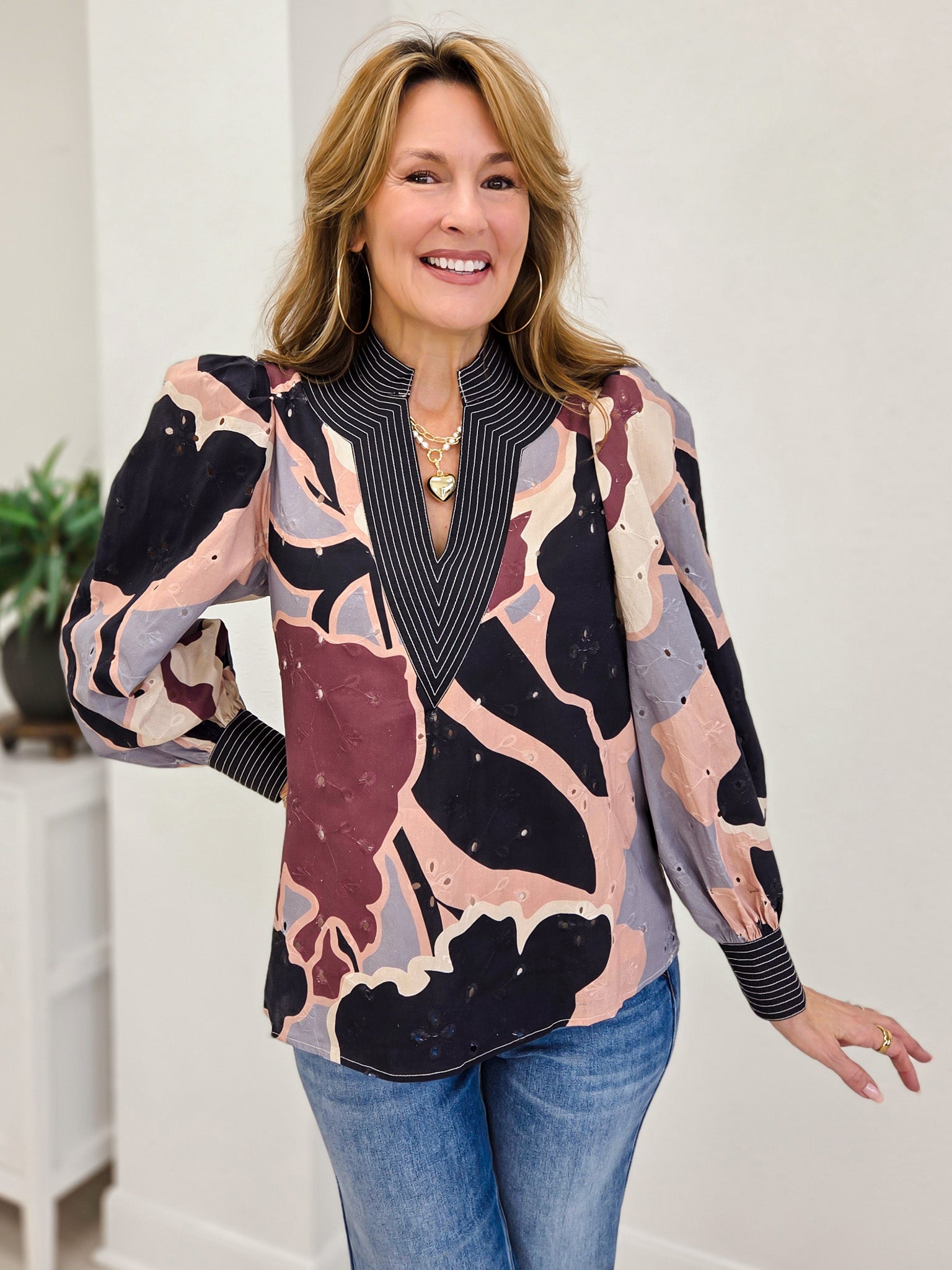 Eyelet Embellished Long Sleeve Top With Detailed Collar
