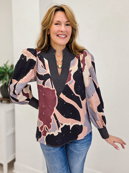 Eyelet Embellished Long Sleeve Top With Detailed Collar