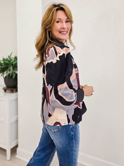 Eyelet Embellished Long Sleeve Top With Detailed Collar
