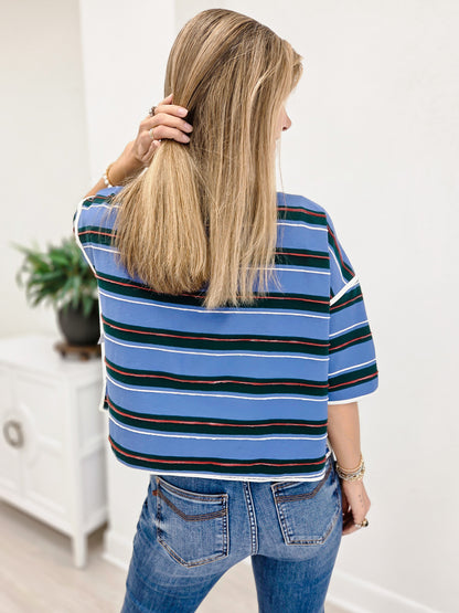 Striped Round Neck Drop Shoulder Short Sleeve Top