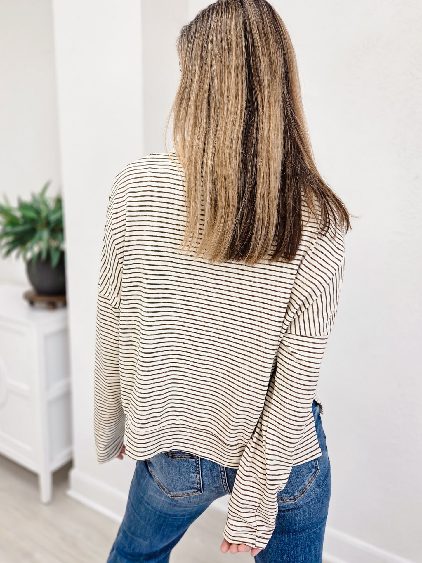 Striped Sporty Collared Neck Top With Front Flap Pockets