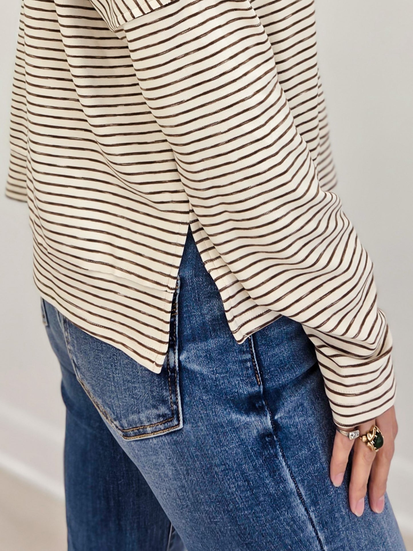 Striped Sporty Collared Neck Top With Front Flap Pockets