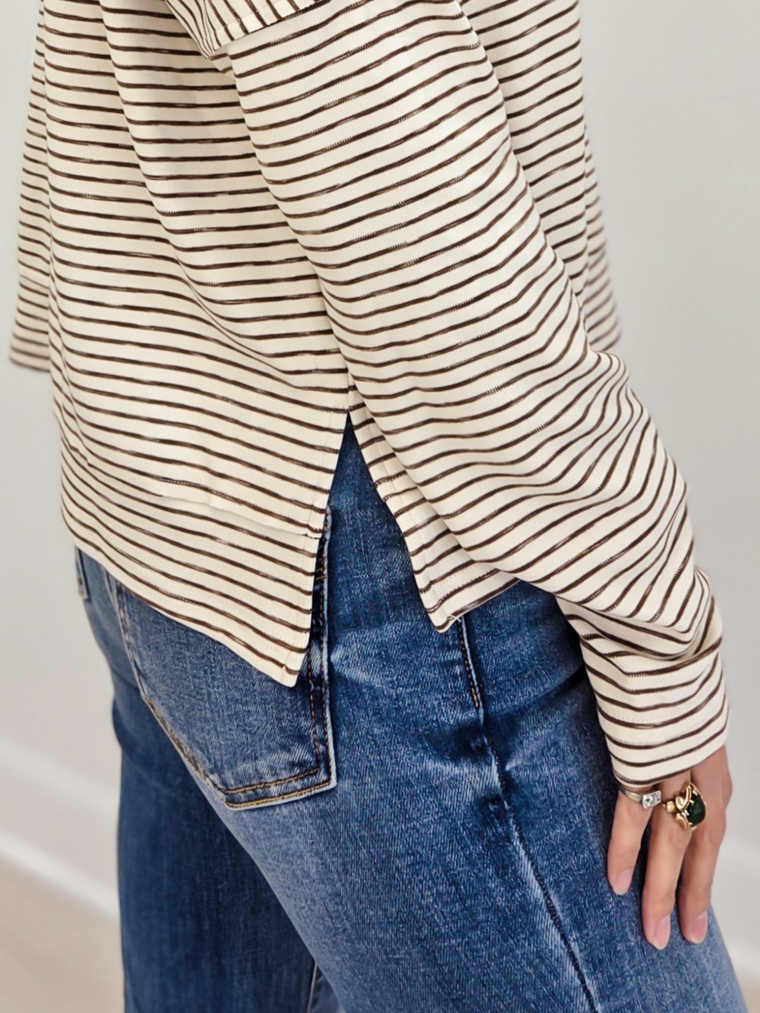 Striped Sporty Collared Neck Top With Front Flap Pockets
