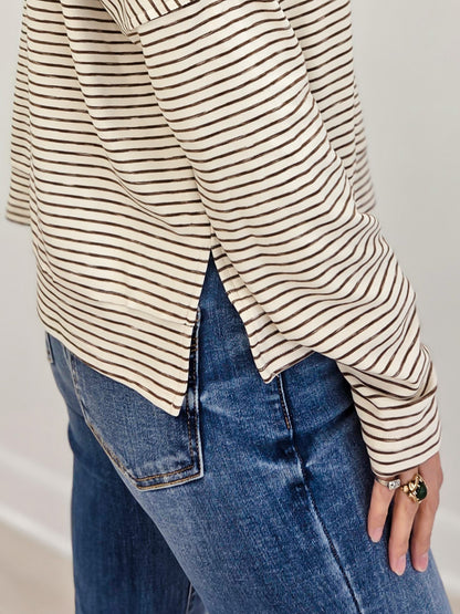 Striped Sporty Collared Neck Top With Front Flap Pockets