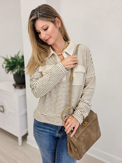 Striped Sporty Collared Neck Top With Front Flap Pockets