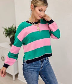 Striped Crew Neck Sweater With Ribbed Cuff & Hem