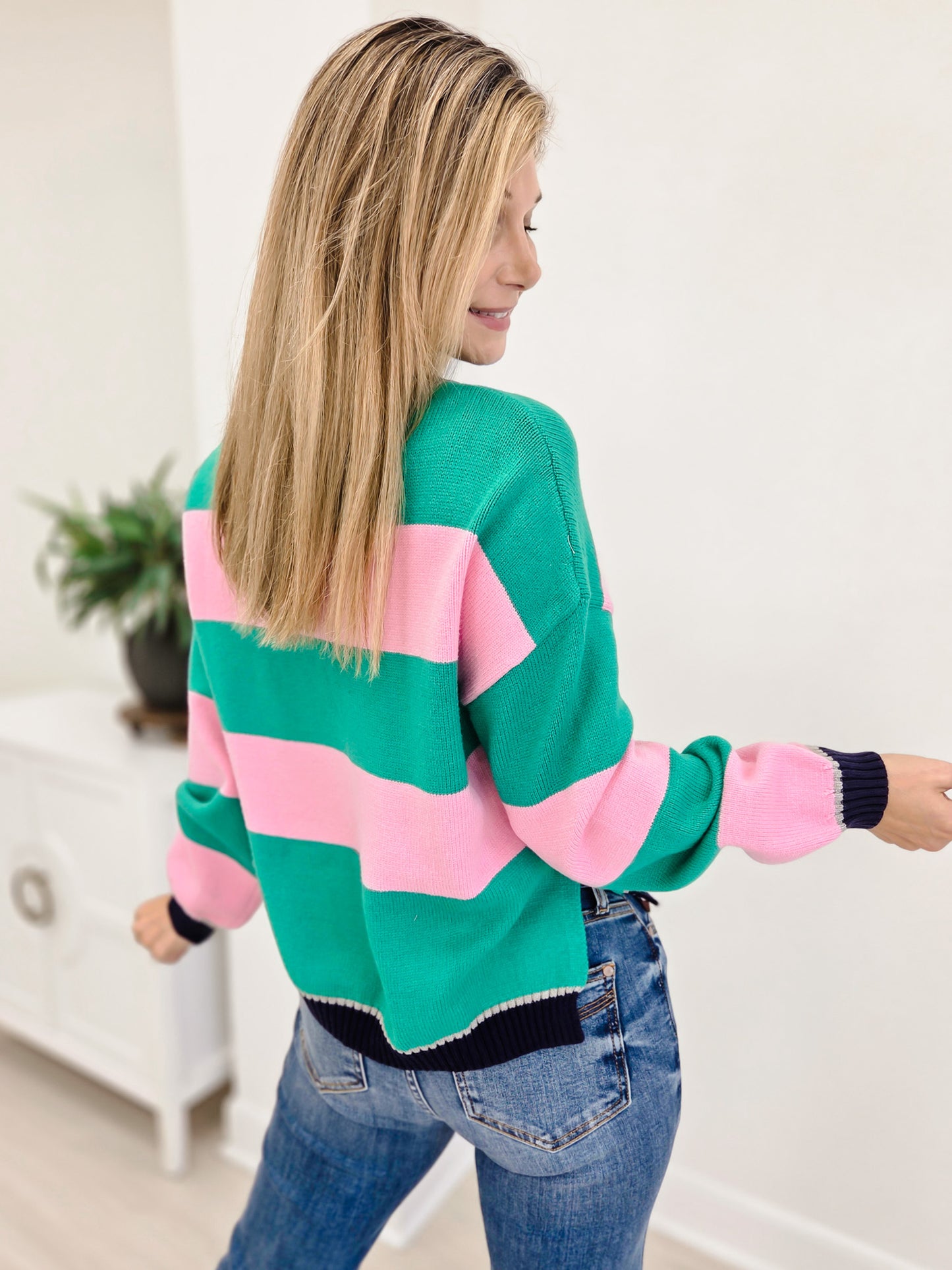 Striped Crew Neck Sweater With Ribbed Cuff & Hem