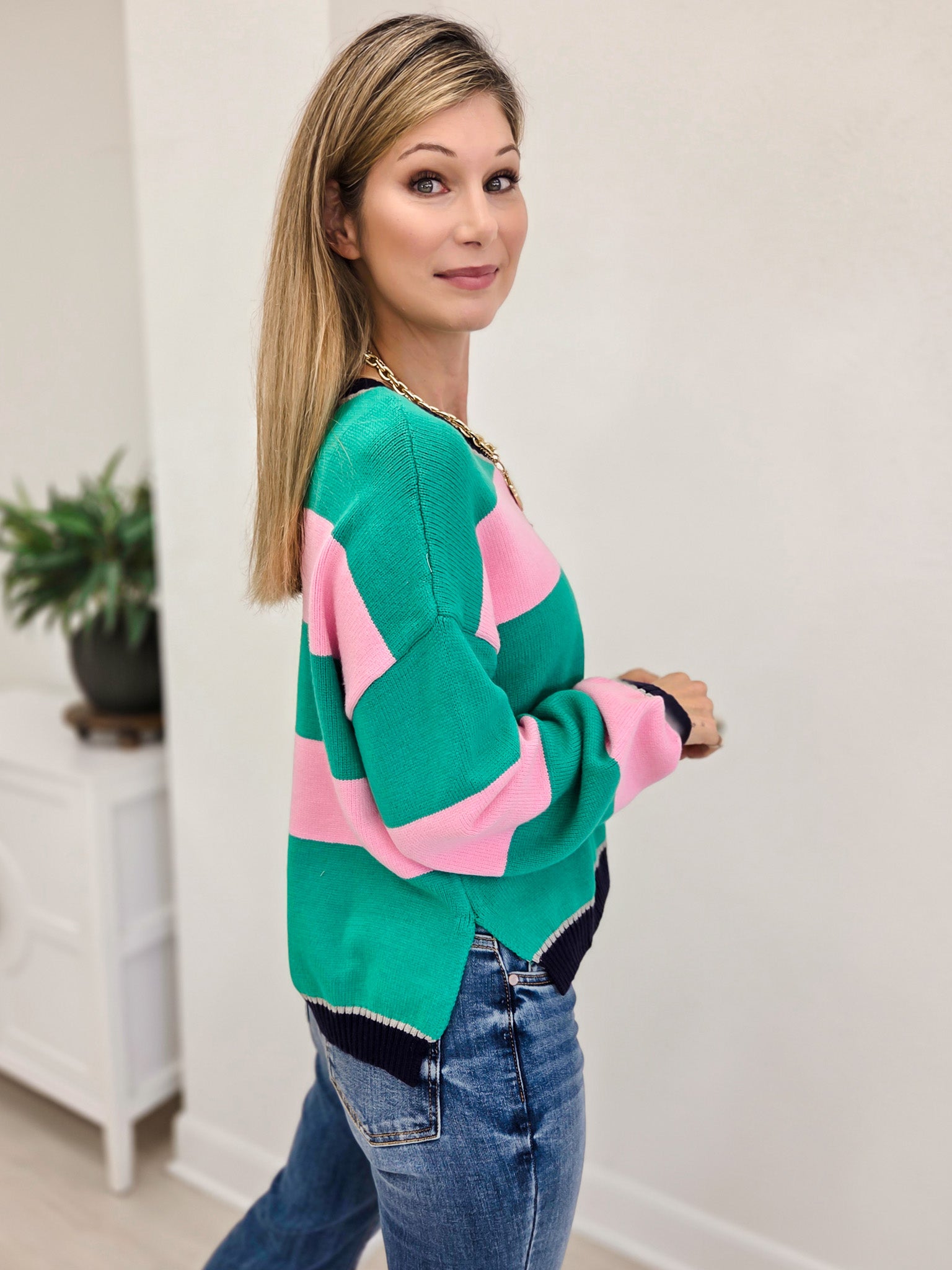 Striped Crew Neck Sweater With Ribbed Cuff & Hem