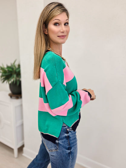 Striped Crew Neck Sweater With Ribbed Cuff & Hem