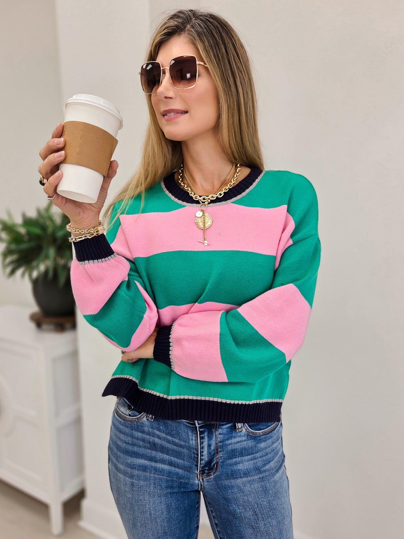 Striped Crew Neck Sweater With Ribbed Cuff & Hem