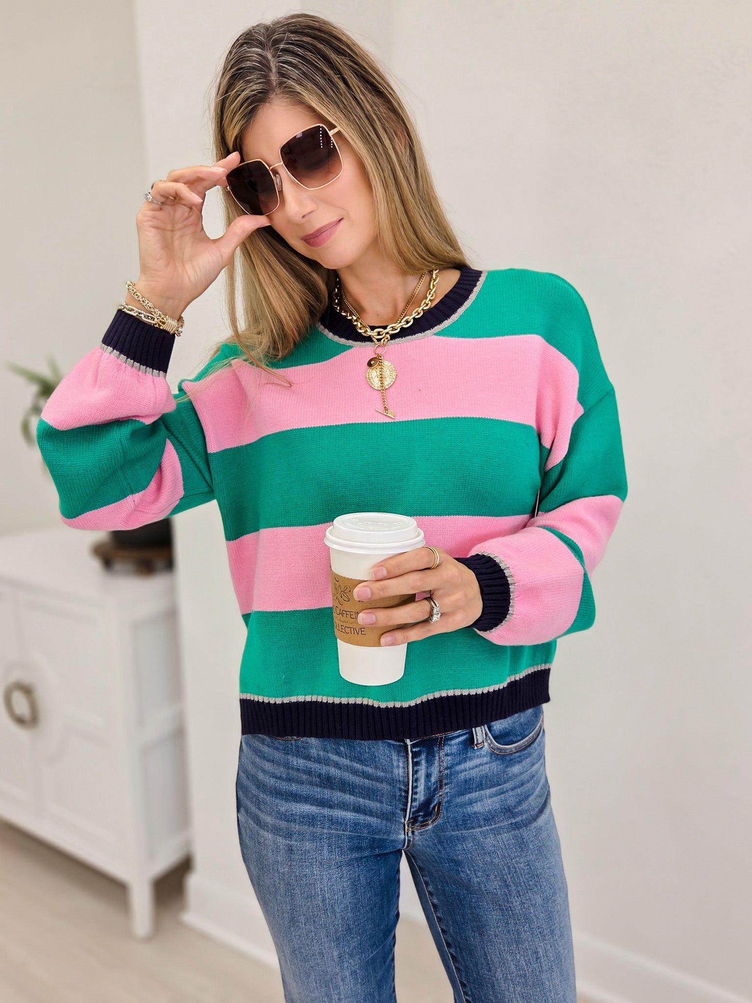 Striped Crew Neck Sweater With Ribbed Cuff & Hem