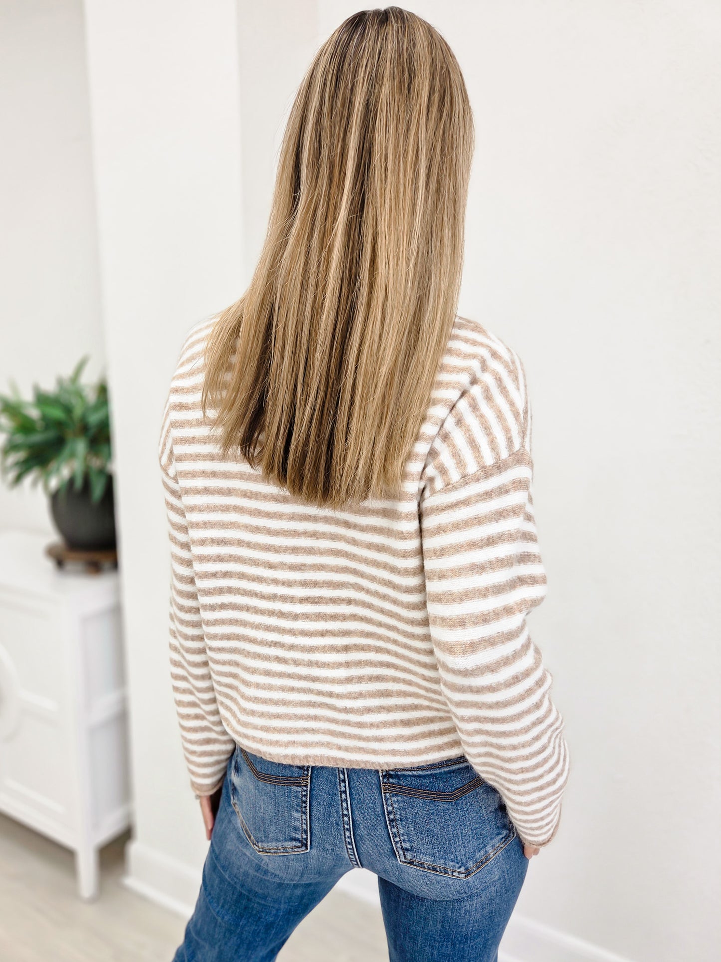 Striped Crew Neck Long Sleeve Top With Button Details