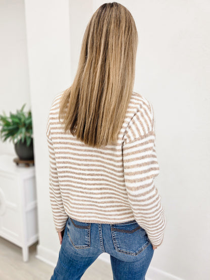 Striped Crew Neck Long Sleeve Top With Button Details