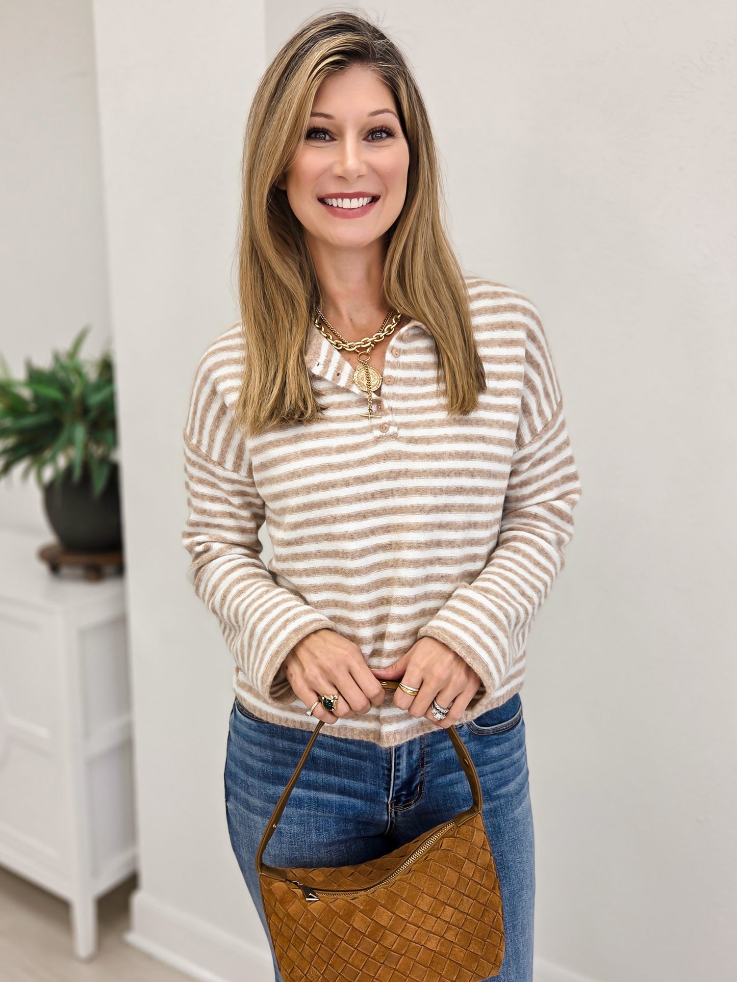 Striped Crew Neck Long Sleeve Top With Button Details