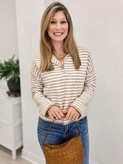Striped Crew Neck Long Sleeve Top With Button Details