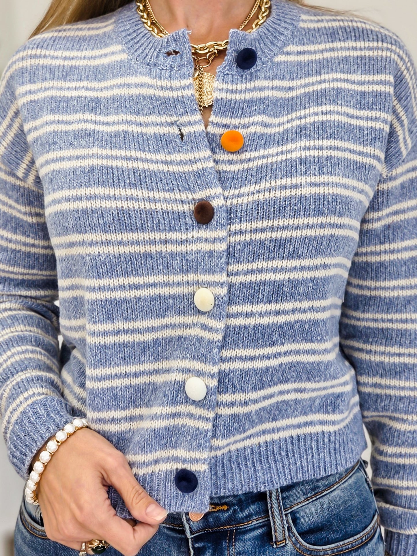 Striped Multi Colored Front Button Cardigan