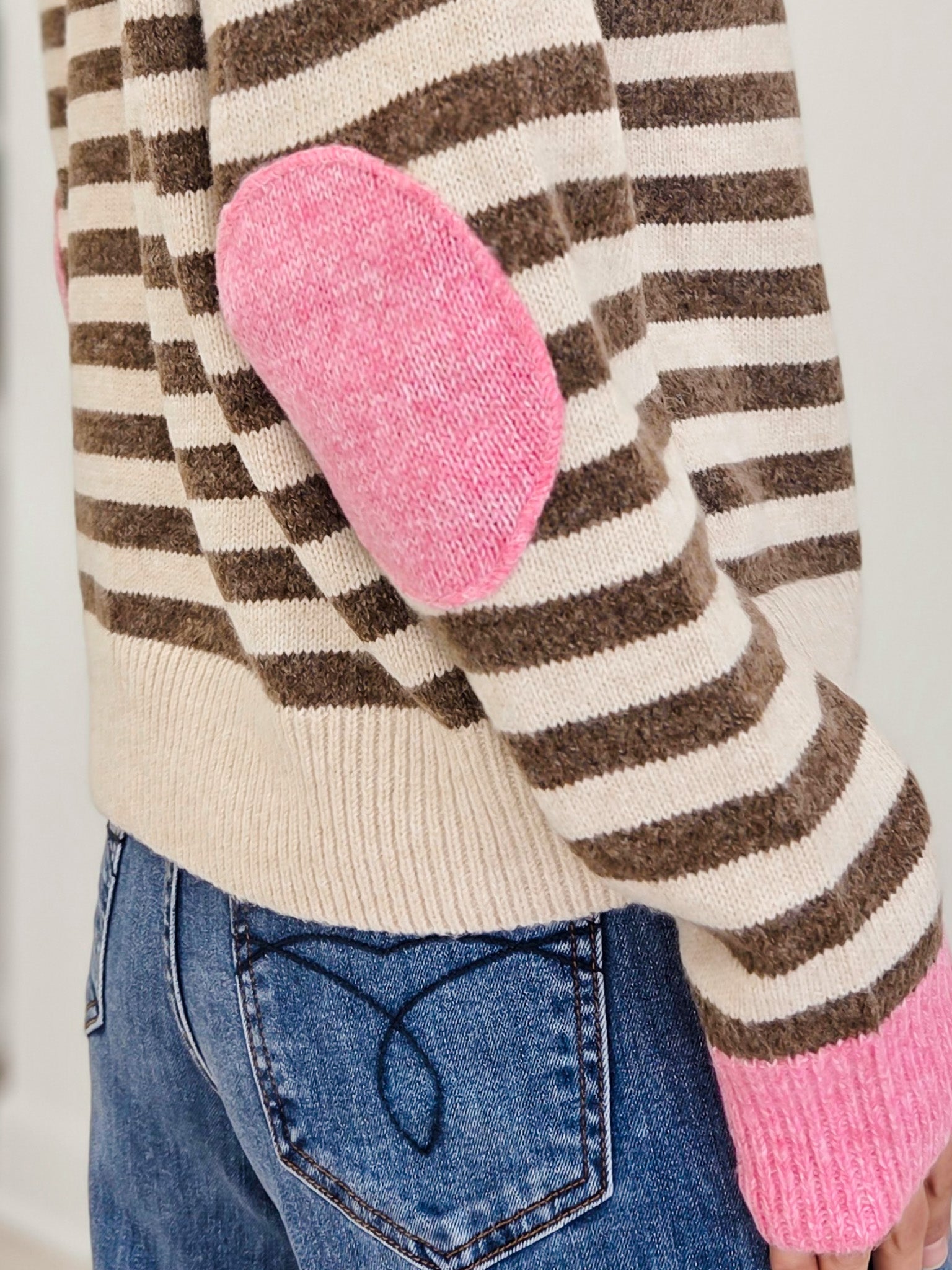 Stripe Henley Sweater with Elbow Patchwork Detail