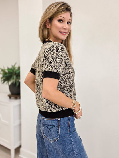 Half Puff Sleeve Animal Print Crew Neck Top