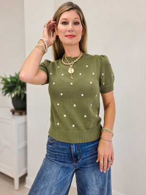Embroidered Polka Dot Short Puff Sleeve Knit Sweater