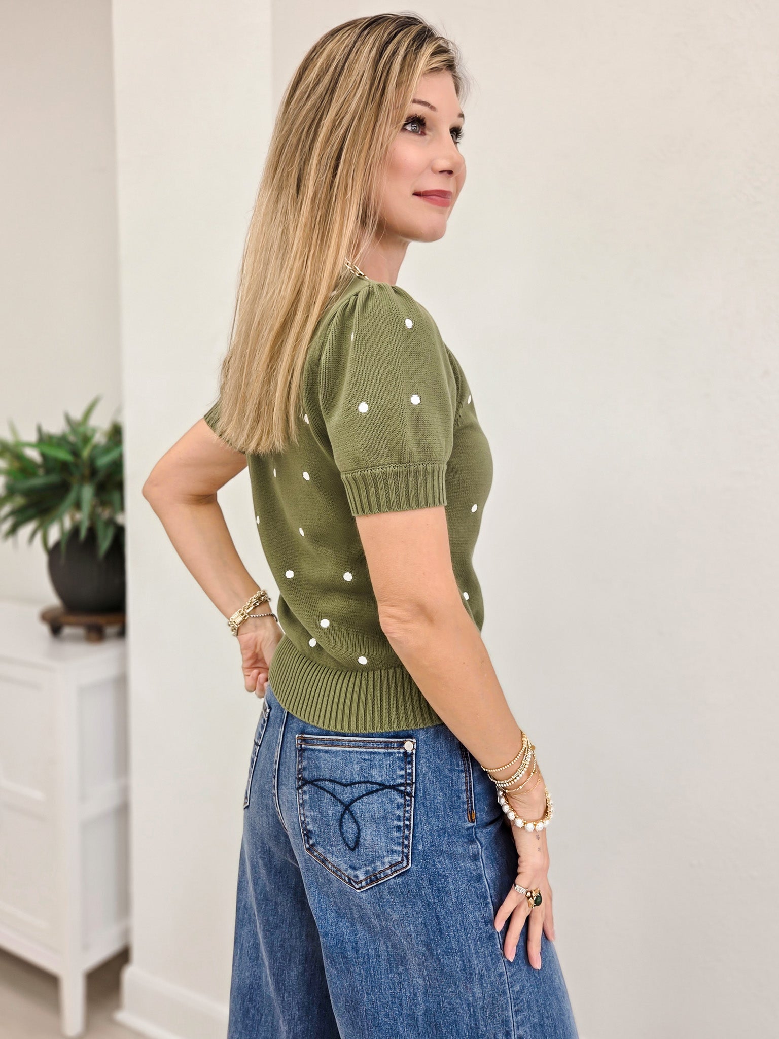 Embroidered Polka Dot Short Puff Sleeve Knit Sweater