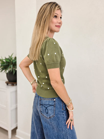 Embroidered Polka Dot Short Puff Sleeve Knit Sweater