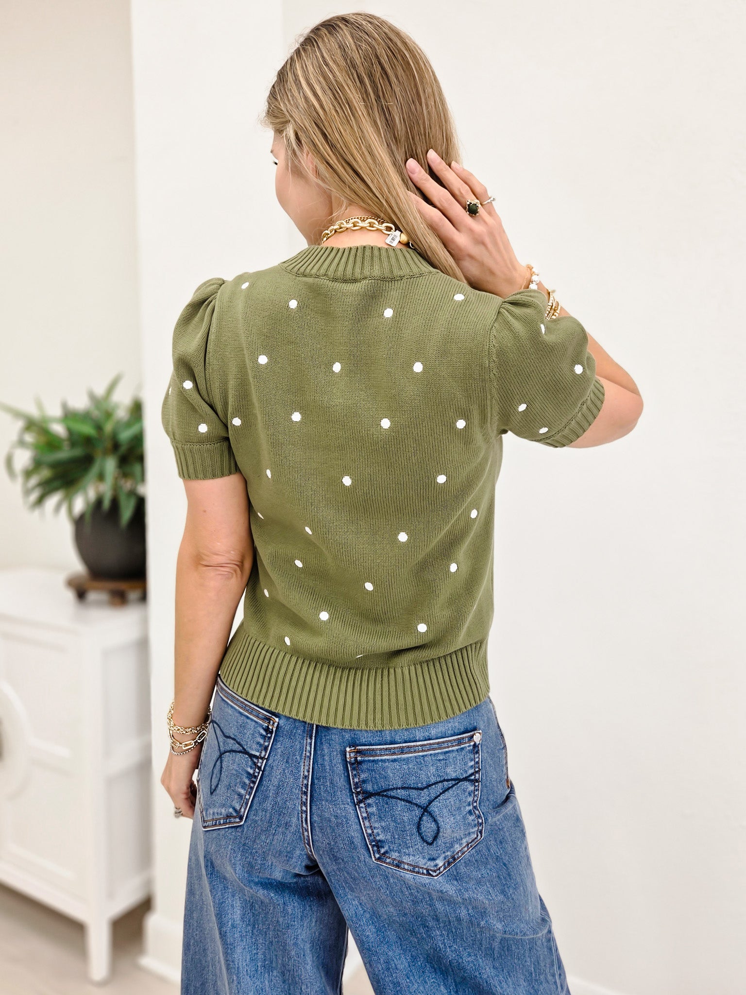 Embroidered Polka Dot Short Puff Sleeve Knit Sweater