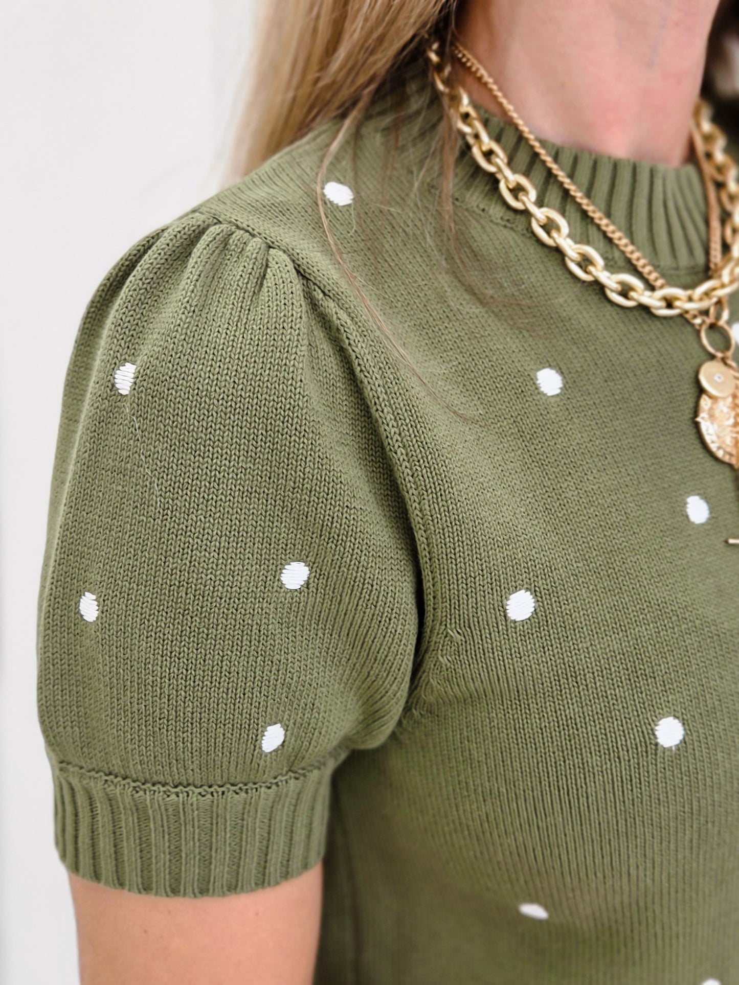 Embroidered Polka Dot Short Puff Sleeve Knit Sweater