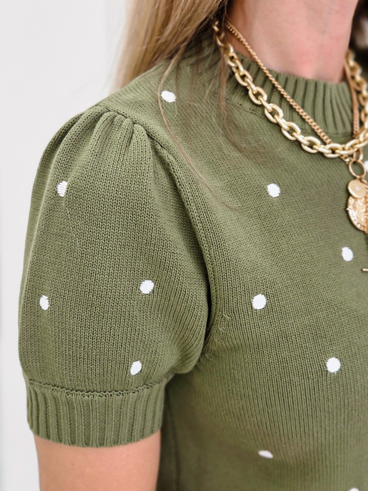 Embroidered Polka Dot Short Puff Sleeve Knit Sweater