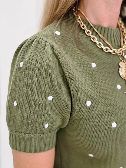 Embroidered Polka Dot Short Puff Sleeve Knit Sweater
