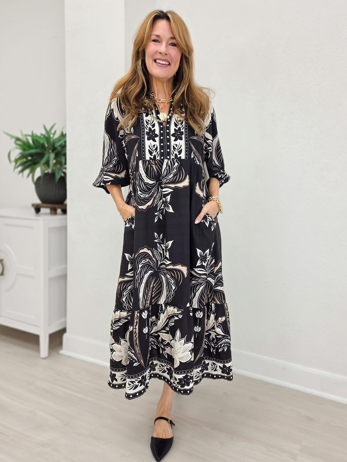 Botanical Print Split Neck Tiered Midi Dress