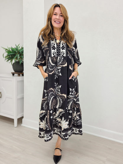 Botanical Print Split Neck Tiered Midi Dress