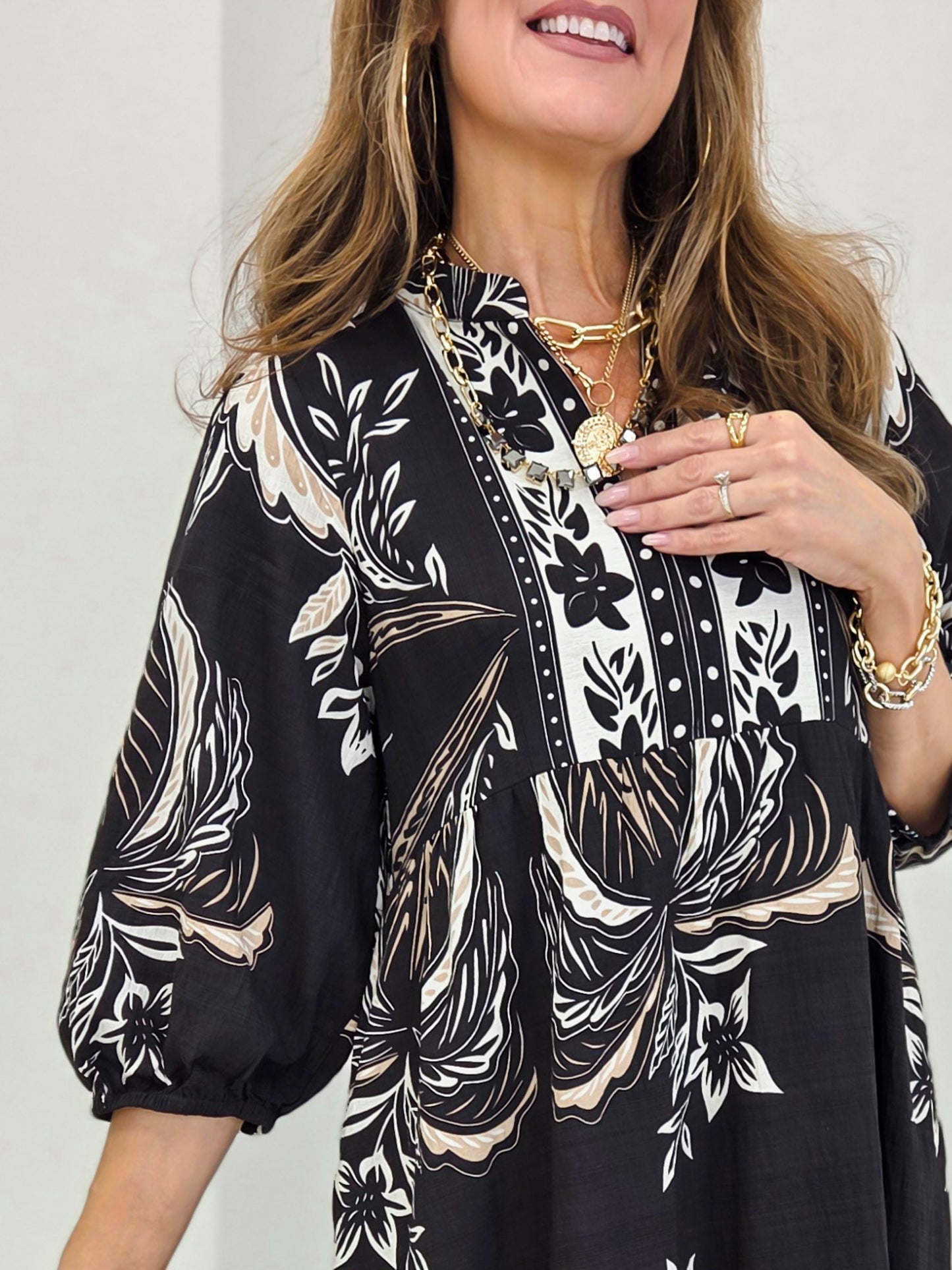 Botanical Print Split Neck Tiered Midi Dress