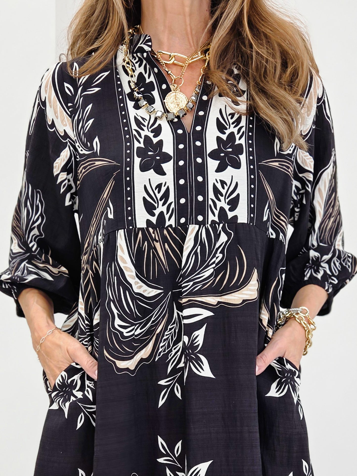 Botanical Print Split Neck Tiered Midi Dress