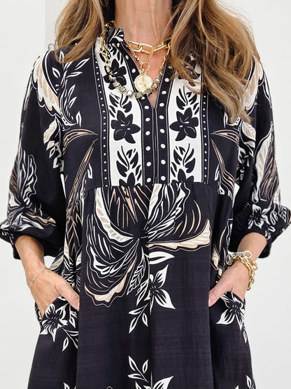 Botanical Print Split Neck Tiered Midi Dress