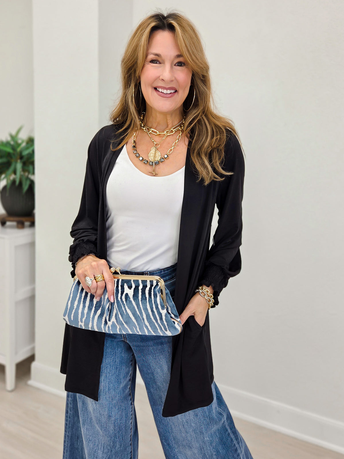 Solid Open Front Smocked Sleeve Flowy Cardigan