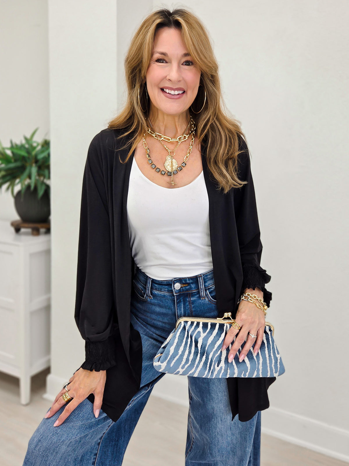 Solid Open Front Smocked Sleeve Flowy Cardigan