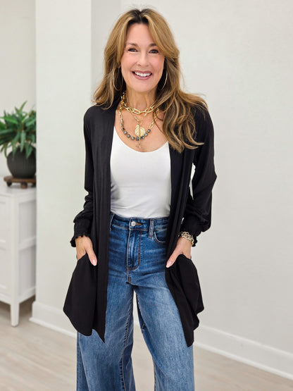 Solid Open Front Smocked Sleeve Flowy Cardigan