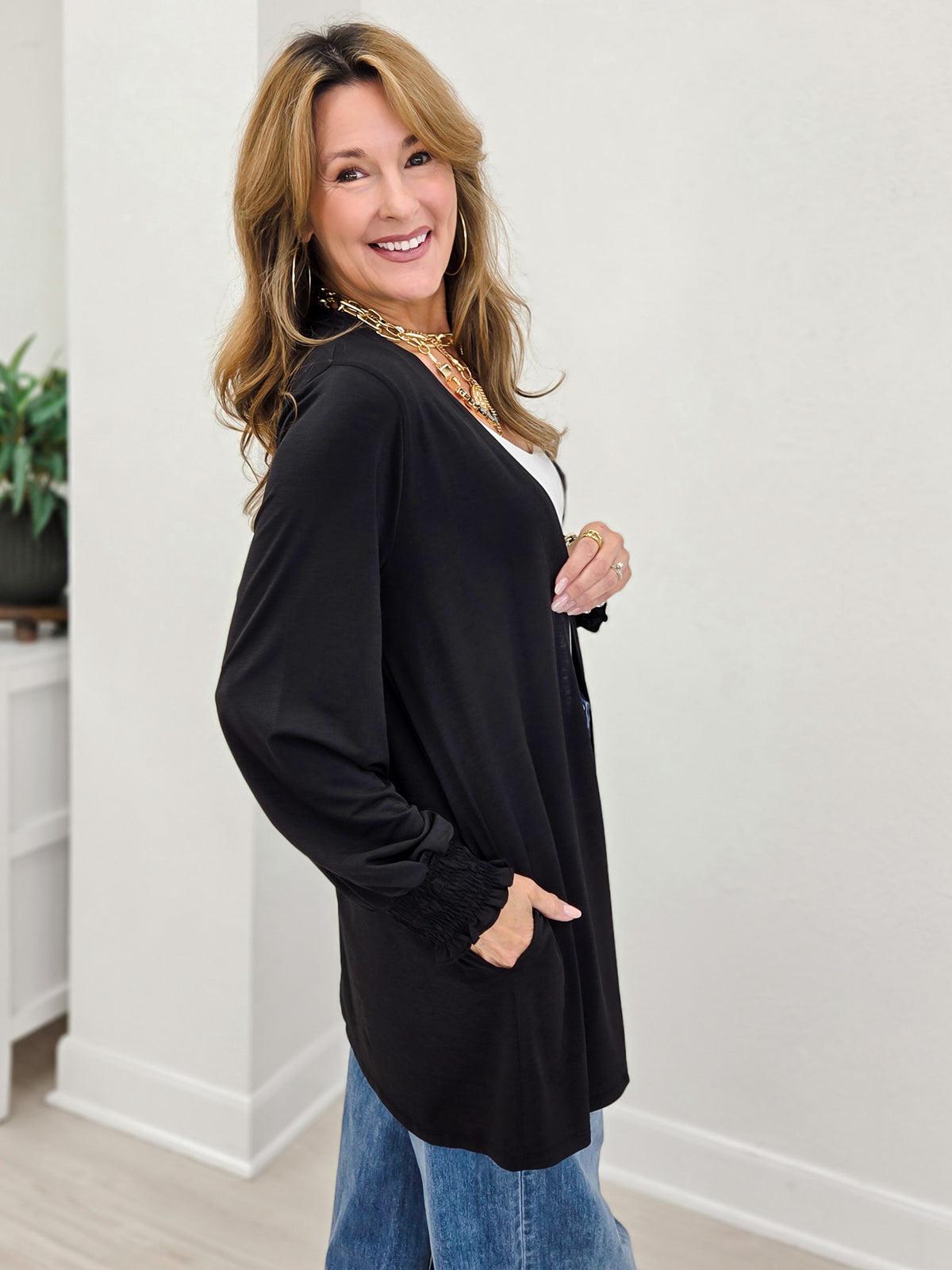 Solid Open Front Smocked Sleeve Flowy Cardigan