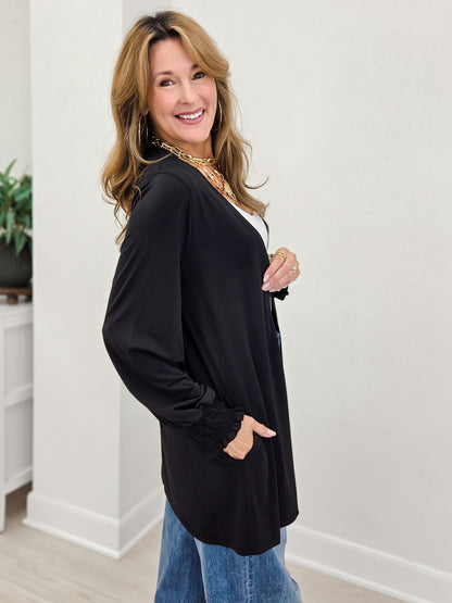 Solid Open Front Smocked Sleeve Flowy Cardigan