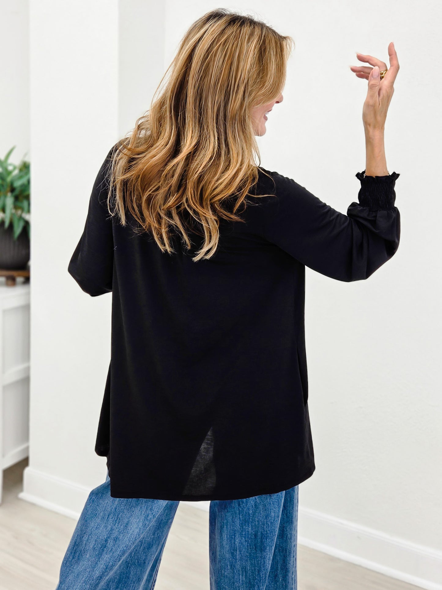 Solid Open Front Smocked Sleeve Flowy Cardigan