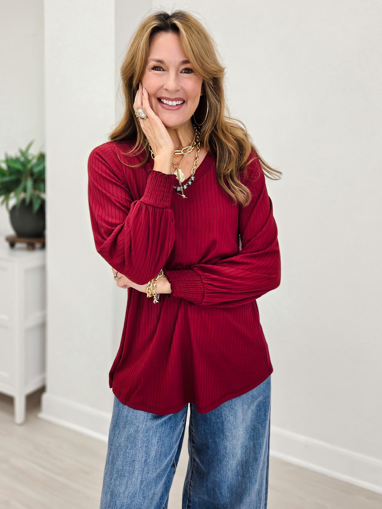 Ribbed V-Neck Smocked Sleeve Tunic Top