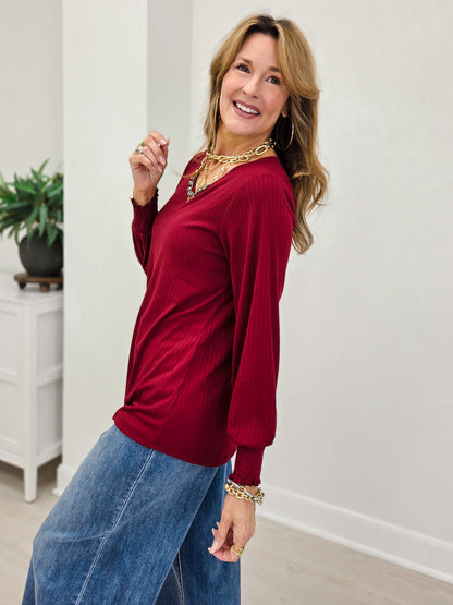 Ribbed V-Neck Smocked Sleeve Tunic Top