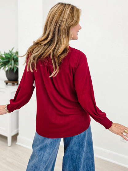 Ribbed V-Neck Smocked Sleeve Tunic Top