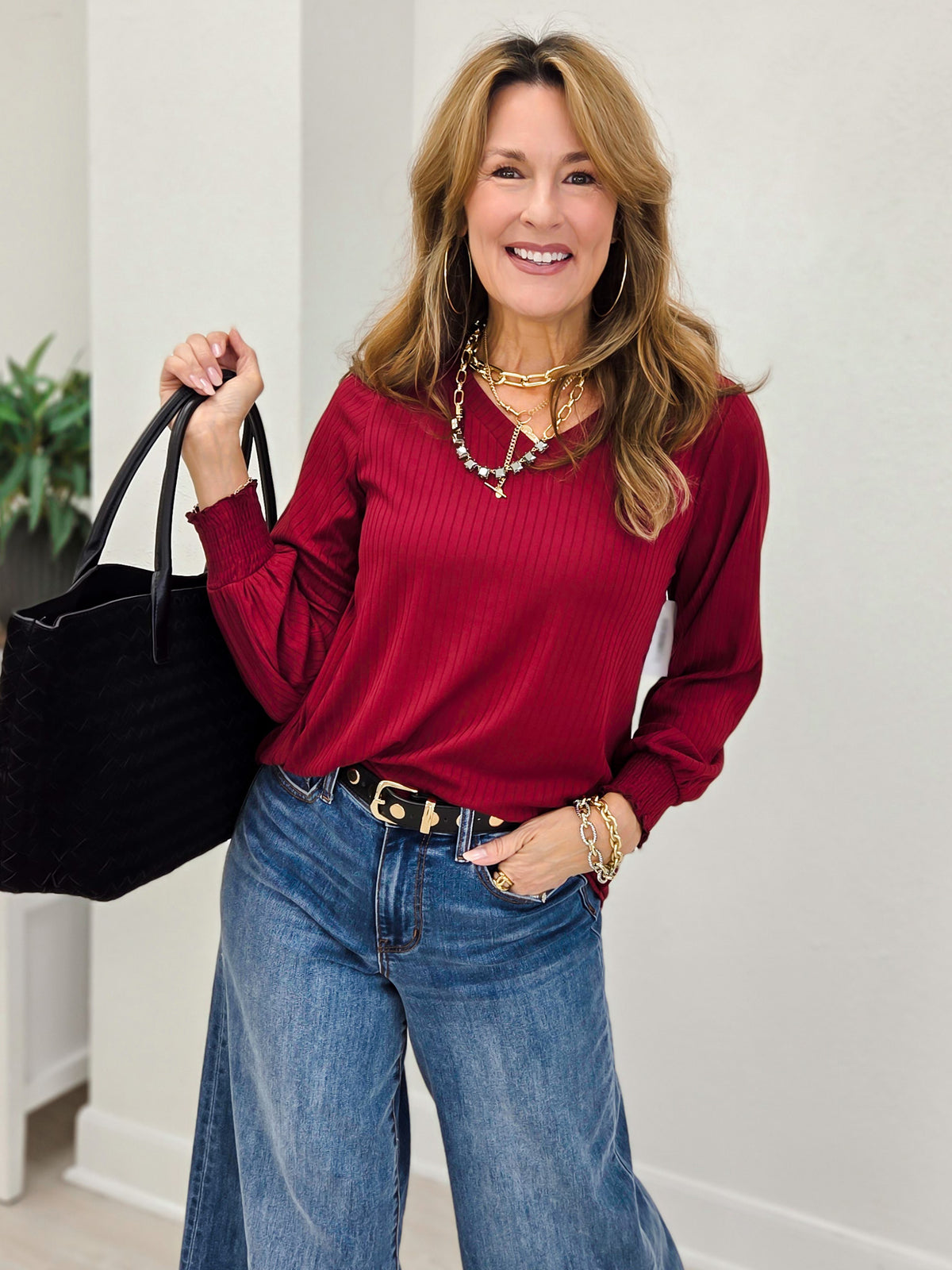 Ribbed V-Neck Smocked Sleeve Tunic Top