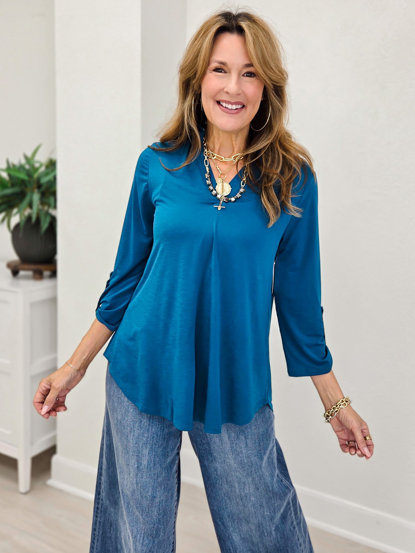Ruffled Collar Lizzy 3/4 Sleeve Lightweight Blouse-C