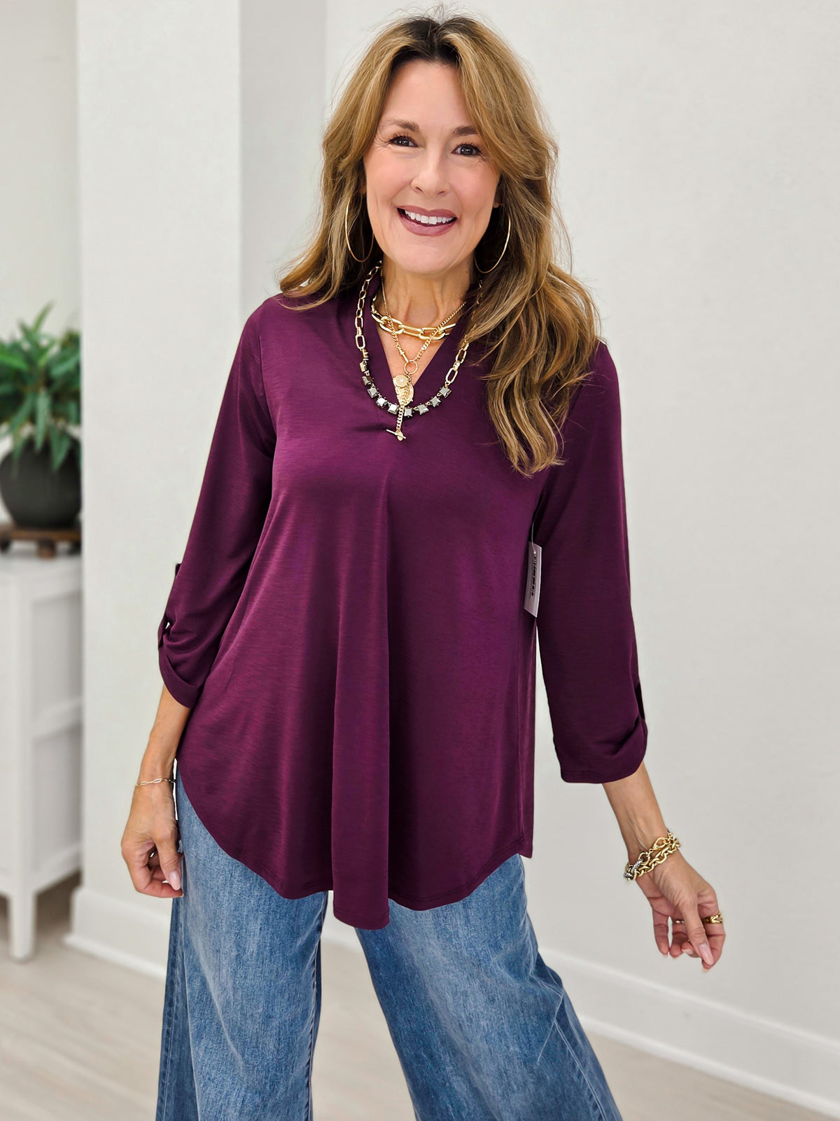 Ruffled Collar Lizzy 3/4 Sleeve Lightweight Blouse-B