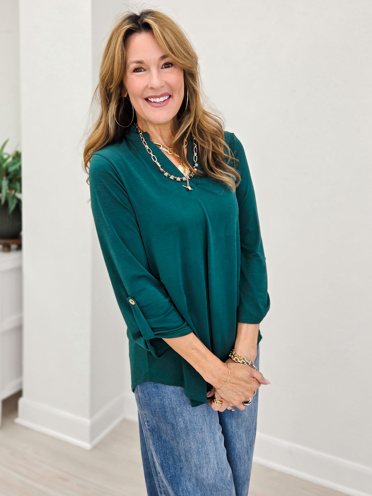 Ruffled Collar Lizzy 3/4 Sleeve Lightweight Blouse-A