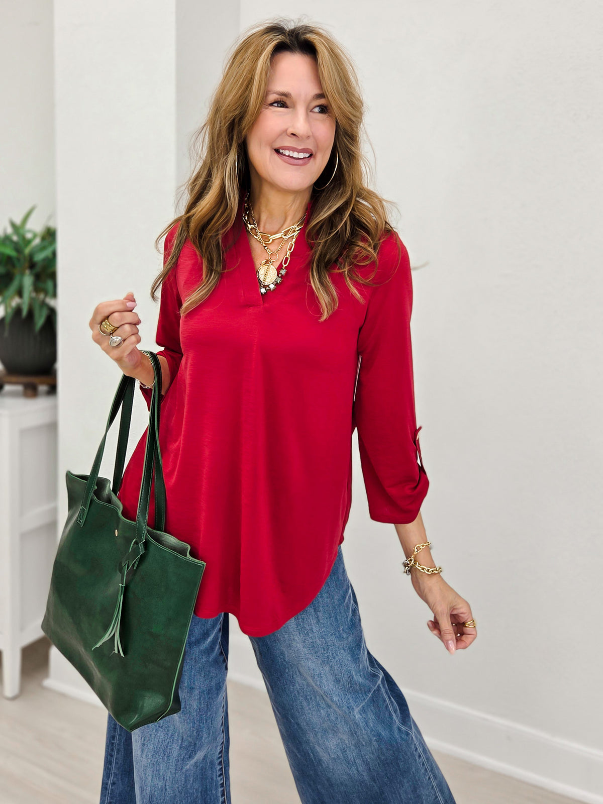 Ruffled Collar Lizzy 3/4 Sleeve Lightweight Blouse-A